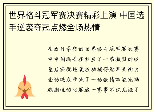 世界格斗冠军赛决赛精彩上演 中国选手逆袭夺冠点燃全场热情