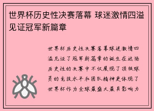 世界杯历史性决赛落幕 球迷激情四溢见证冠军新篇章