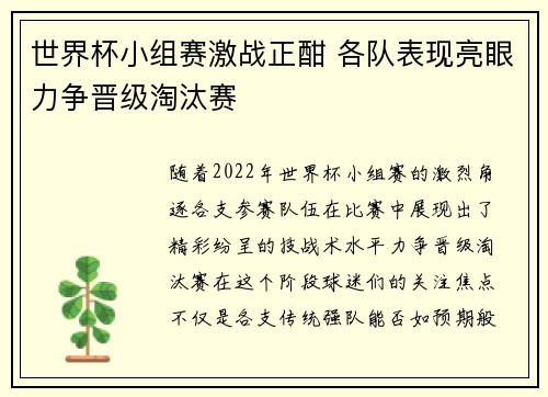 世界杯小组赛激战正酣 各队表现亮眼力争晋级淘汰赛
