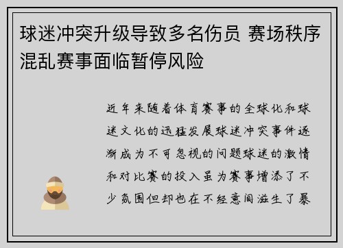球迷冲突升级导致多名伤员 赛场秩序混乱赛事面临暂停风险